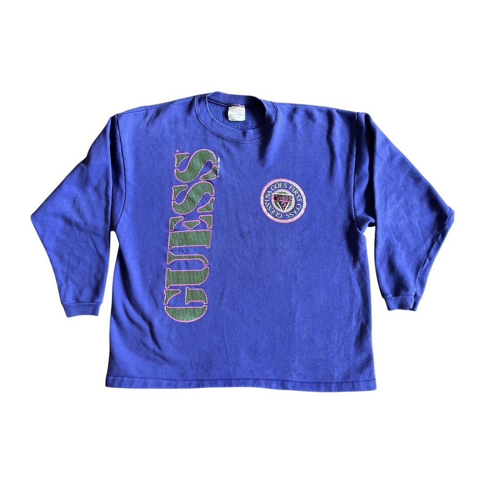 Vintage Guess Sweatshirt Women's One Size Purple Crewneck Graphic Made USA 80s